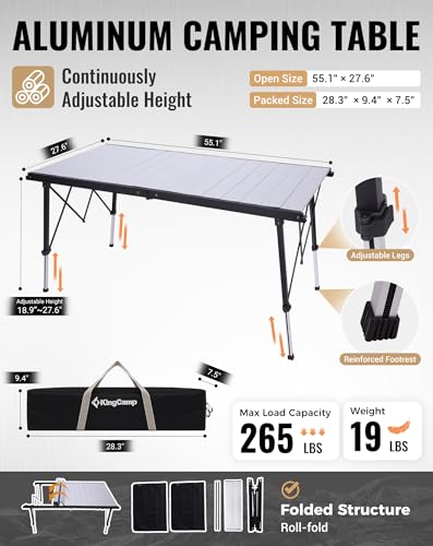 KingCamp Folding Camping Table Foldable, 55.1" x27.6" Aluminum Roll Up Table with Adjustable Height 6-7 Person Large Camp Tables Outdoor with Carrying Bag for BBQ, Patio, Picnic Loads 265 Lbs - color: Silver/Black - 55.1"×27.6" - Adjustable Height, style: