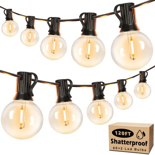 Brightever 120ft Outdoor G40 LED Globe String Lights Dimmable Waterproof Shatterproof Light Strings with 60+2 Bulbs Connectable Commercial Hanging Lights for Patio House Backyard Balcony - size: 120FT