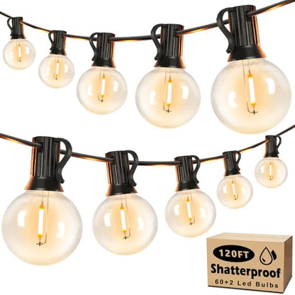 Brightever 120ft Outdoor G40 LED Globe String Lights Dimmable Waterproof Shatterproof Light Strings with 60+2 Bulbs Connectable Commercial Hanging Lights for Patio House Backyard Balcony - size: 120FT