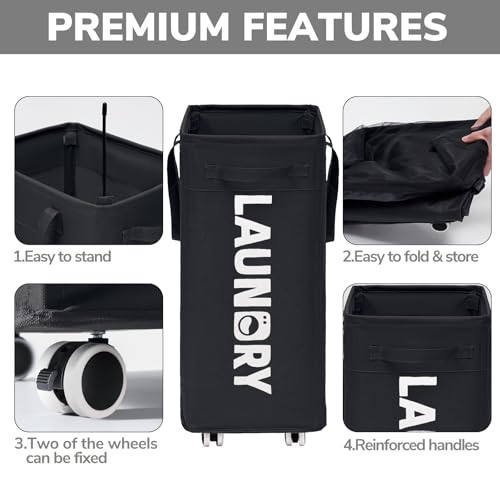 Goodpick Black Laundry Hamper with Wheels, 75L Dirty Clothes Hamper with Removable Wash Bag for Laundry Room, Rolling Laundry Basket - color: Black 1-Pack