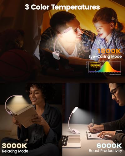 Glocusent 13 LED Rechargeable Book Light for Reading at Night, Eye-Caring 3 Amber Colors & Stepless Dimming, Lasts 1 Week to 2 Months, Travel Clip on Lamp, Gifts for Book Lovers, Men, Women & Kids - color: Pink