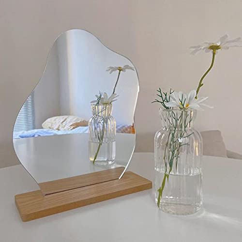 Irregular Aesthetic Vanity Mirror, Frameless Acrylic Decorative Desk Tabletop Mirror with Wooden Stand Funky Makeup Mirror for Living Room Bedroom and Minimal Spaces Home Decor (Cloud Shape), White
