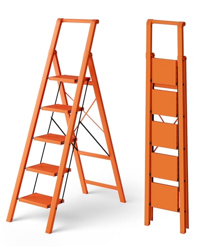 HillhutApex 5 Step Foldable Aluminum Step Ladder with Handgrip, Anti-Slip Pedal, 330 lbs Capacity, Lightweight & Portable for Home, Kitchen, Office, Garage (Orange) - color: Orange, size: 5 Step With Handrail