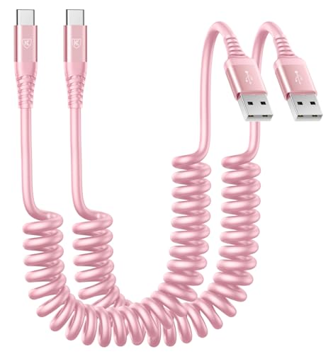 Coiled USB A to USB C Cable for Car [2-Pack, 6ft], USB Type C Cable Fast Charging, iPhone USB-C Charger Cable Compatible with iPhone 17/16/15/Plus/Pro/Pro Max/Samsung Galaxy A10e A20 A50 S20 S10E-Pink - color: Pink, size: 6FT