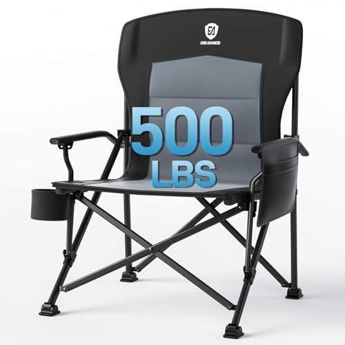 EVER ADVANCED Oversized Folding Camping Chair for Adults, Heavy Duty Lawn Chair with Side Pockets, Portable Collapsible Quad Chair for Outside, Support Up to 500lbs, Black - color: Black