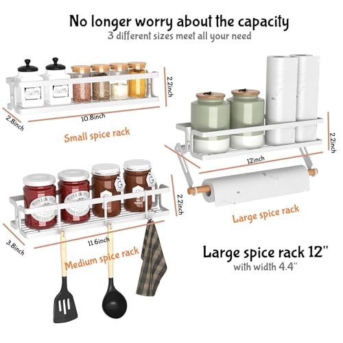 3 Pack Spice Rack Wall Mount, White | Paper Towel Holder and Hooks, Screw or Adhesive Hanging, Space Saving, For Stove, Cabinet, Pantry - color: White
