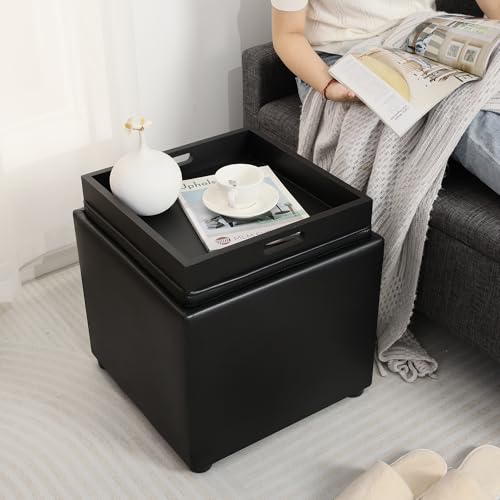 Adeco 17" Black Storage Ottoman Cube with Tray Lid, Small Footstool with Storage, Square End Table for Living Room & Bedroom - color: Black Leather With Tray