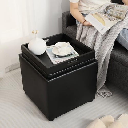 Adeco 17" Black Storage Ottoman Cube with Tray Lid, Small Footstool with Storage, Square End Table for Living Room & Bedroom - color: Black Leather With Tray
