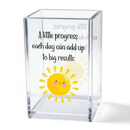 A Little Progress Each Day Can Add Up To Big Results Acrylic Cosmetic Pencil Pen Holder Cup, Inspirational Sun Desk Organizer for Classroom Office, Motivational Gifts for Women Girl Therapist - style: Little Progress