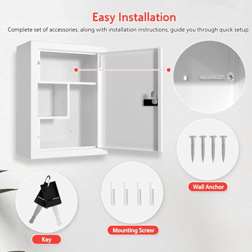 Locking Medicine Cabinet Wall-Mount: Storage Cabinet with Combination Lock & Key - White Metal First Aid Kits for Family Safety and Childproofing - color: Frosted White