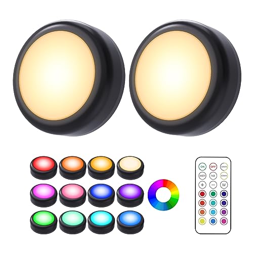 Cadrim Puck Lights, 2 Pack 13 Colors Changeable LED Puck lightings Battery Powered Dimmable Under Cabinet Lights, Battery Powered Under Counter Lights with 1 Wireless Remote Controls, Black - color: Black, size: 2packs