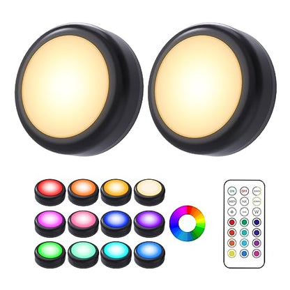 Cadrim Puck Lights, 2 Pack 13 Colors Changeable LED Puck lightings Battery Powered Dimmable Under Cabinet Lights, Battery Powered Under Counter Lights with 1 Wireless Remote Controls, Black - color: Black, size: 2packs