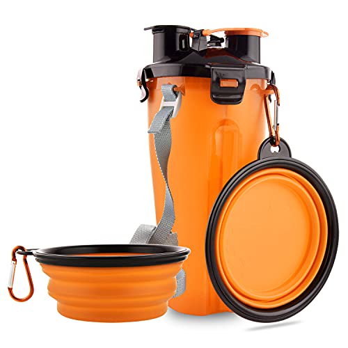 Dog Travel Water Bottle Collapsible Bowls, 2 in 1 Pet Food Container with Collapse Bowls, Outdoor Portable Water Bowls for Walking, Traveling, Camping and Hiking (Orange) - color: Orange