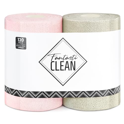 Fantasticlean Microfiber Cleaning Cloth Roll 2 Rolls 120 Pack, Tear Away Paperless Towels, 8" x 8", Reusable Washable Rags, House Kitchen, Pet, Office, Indoor Outdoor, Portable (Pink and Off-White) - color: 1pink 1off-white