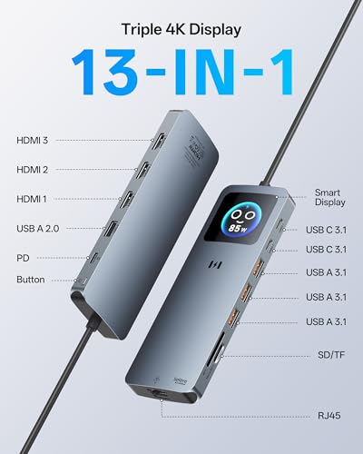 Selore USB C Docking Station 3 HDMI, 13-in-1 Laptop Docking Station with Triple 4K HDMI, Smart Display, 2.5G Ethernet, 100W PD, 10Gbps USB A/C 3.1, SD/microSD Card Reader for Dell/HP/Lenovo Laptops - color: Space Grey