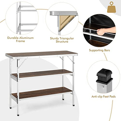 COSTWAY Folding Picnic Table, Portable Camping Table with Carry Bag, Lightweight Aluminum Food Prep Station with 2 Shelves, Quick Set-up, BBQ, Party, Backyard - color: Brown, size: 43.5"W x 34.5"H
