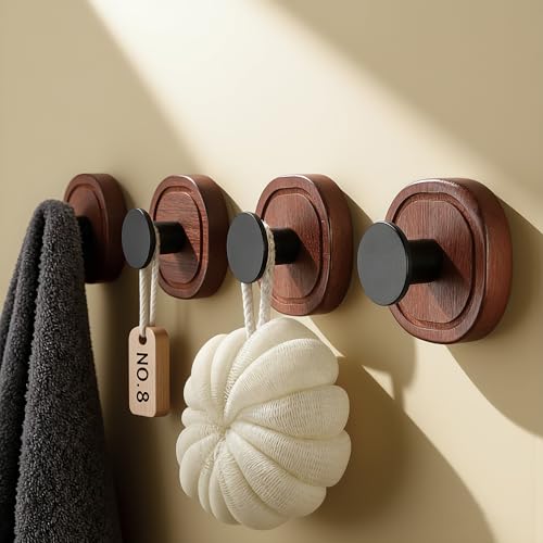 DELITON Suction Cup Hooks for Shower - 4 Pack Wooden Bathroom Towel Hooks Removable Without Drilling, for Hanging Towels, Bath Towels, and Bathrobes - color: Brown-4 Pack
