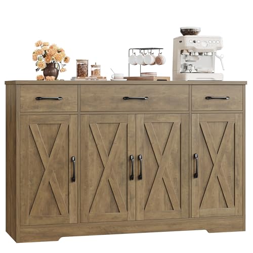 HOSTACK Buffet Sideboard Cabinet with Drawers, 55" Large Buffet Storage Cabinet with Shelves and Doors, Modern Farmhouse Coffee Bar Station Wood Kitchen Table for Kitchen, Dining Room, Rustic Brown - color: Rustic Brown