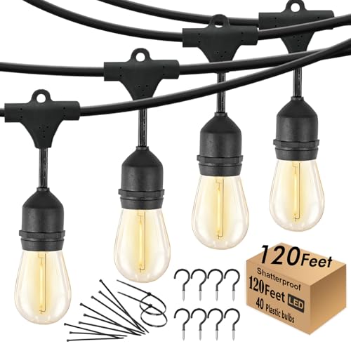 120 FT Outdoor String Lights LED Waterproof with 40 Shatterproof Plastic Warm Edison Bulbs String Bistro Lights for Patio Gazebo Pergola Market - size: 120FT
