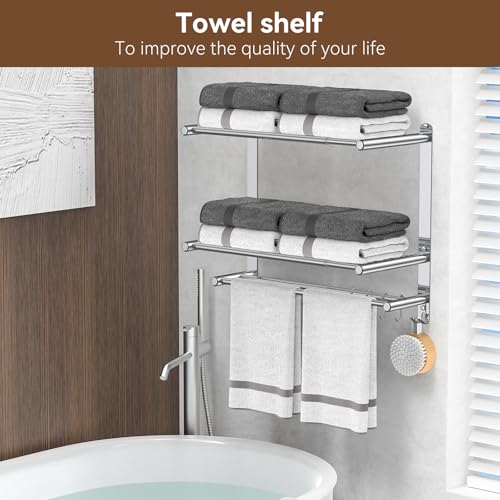 Bathroom Towel Rack with Shelf and Towel Bar, 2-Tier Expandable (16.9 to 28 Inches) SUS304 Stainless Steel, Wall Mounted or Adhesive, 4 Sliding Hooks Rust Resistant, Rounded Corners, Side Guards