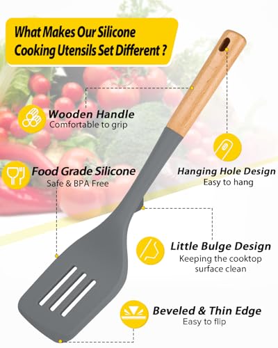 Silicone Kitchen Utensil Set for Non Stick Cookware, 7 Pcs Heat Resistant Cooking Utensils with Wooden Handle, BPA Free Kitchen Tools with Spatulas, Spoons, Skimmer and Pasta Fork (GRAY) - color: Gray