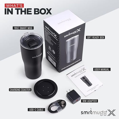 SmrtMugg X Heated Coffee Mug 19 oz., 8 Hour Battery Life, Self-Heating, Adjustable Temp Controlled, LCD Screen, One Button Temperature Adjustment, Includes Cover with Magnetic Slider (Black) (Black) - color: Black