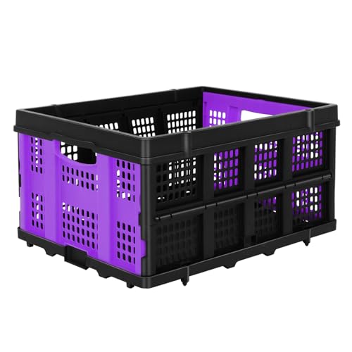 FAHKNS 60L Collapsible Milk Crates for Storage: Stackable & Portable Basket Foldable Plastic Crates for Office, Home, Garage - color: PURPLE