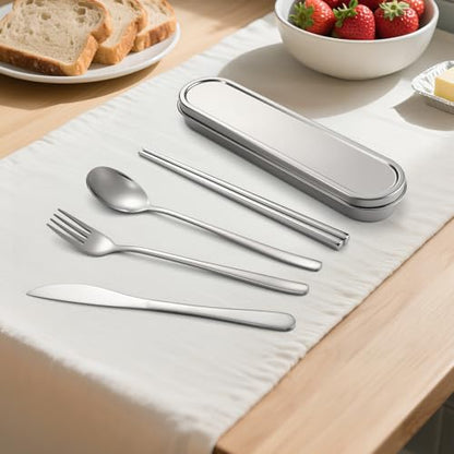 Travel cutlery set, 18/8 stainless steel cutlery, Reusable utensils set with case, Portable Silverware Lunch Box for Camping and Office (Stainless Steel) - color: Stainless Steel