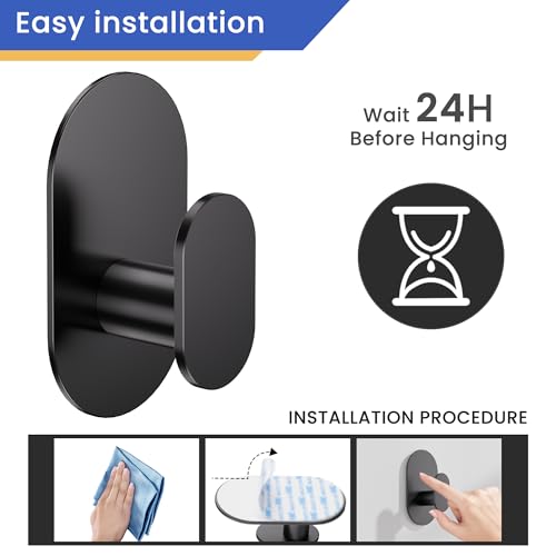 Aikzik Adhesive Hooks, 26LB Extra Strong Heavy Duty Wall Hooks for Hanging Coat, Robe, Towel, Dogs' Leads and Collars Stainless Steel Waterproof Stick on Bathroom/Shower, Door - 2 Pack (Matte Black) - color: Black-2
