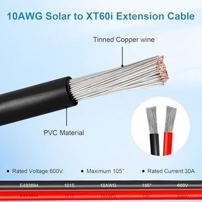 10AWG 5FT Solar to XT60i Extension Cable 3 6 10 35 50 75 100FT Heavy Duty Adapter Cable Connector XT60i Wire for Portable Power Station, Solar Panel, RV, Battery - size: 5FT