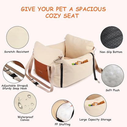 Dog Car Seats for Small Dogs, Waterproof Puppy Car Seat with Side Handles and Large Pockets, Clip-On Safety Leash and PP Cotton Filling, Pet Booster Seat for Small Dog up to 25lbs (Apricot) - color: Apricot