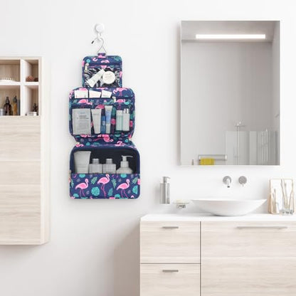 Mossio Hanging Toiletry Bag with Sturdy Hook - Large Portable Cosmetic Makeup Travel Organizer for Men & Women - color: Navy Flamingo