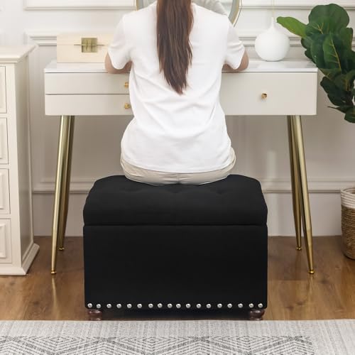 Joveco Storage Ottoman Bench, Rectangle 24″ Linen Foot Rest Stool Square Footstool for Living Room, Bedroom, Black - color: Line Black