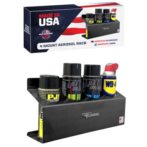Pit Posse 303BK Four Bottle Aerosol Spray Can Rack Shelf Holder 15.5" Caddy - Made in USA - Aluminum Enclosed Trailer Shop Garage Storage Organizer - Mounting Hardware Included (Black) - color: Black