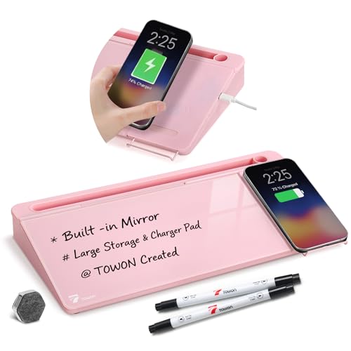 TOWON Desktop Glass Whiteboard with Charger Pad, Small Desk Whiteboard - Glass Dry Erase White Board- Desk Computer Buddy with Storage, Mirror and Charging Station, Pink, 17 x 6 in - color: Pink Charger