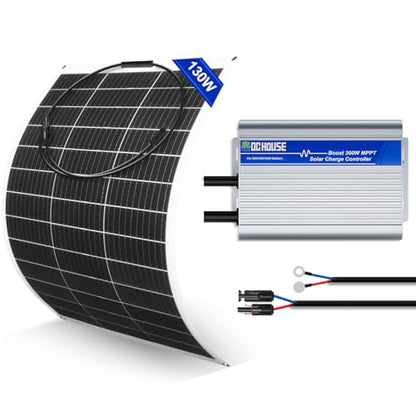 DC HOUSE 12V Solar Panel Kit:130W Flexible Solar Panel + 300W MPPT Boost Charge Controller, 520Wh/Day Generation for 36V/48V/60V Golf Carts,Charge While Driving, Extend Battery Life