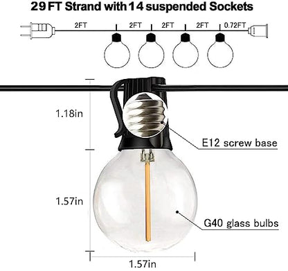 Banord 29FT Globe Outdoor String Lights, Shatterproof Patio Lights with 15 Dimmable Plastic Bulbs, Waterproof Hanging Lights String for Porch Backyard Cafe, E12 Socket Base - size: 29FT