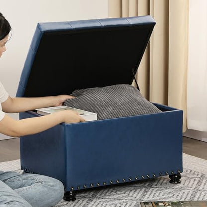 Joveco Faux Leather Storage Ottoman Bench Rectangle 24 Inch Foot Rest Ottomans - color: Blue Faux Leather
