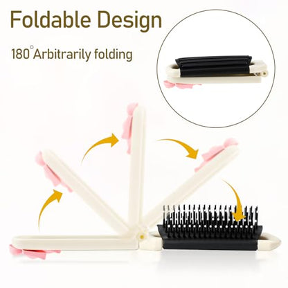 Folding Travel Hair Brush with Removable Mirror, Collapsible Compact Design, Massage Comb for Gym, Trips, Purse, Swimming (Cream Colour) - color: cream