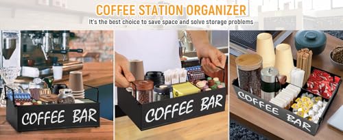 Coffee Station Organizer with Handles, Metal Coffee Bar Accessories Organizer for Countertop, Pod Holder Basket for Sugar Tea - Black Table Decor - style: Black -4 compartments