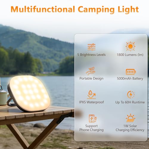 Solar Camping Lights, Solar Camping Lantern Rechargeable 5000mAh LED 5 Light Modes IP65 Waterproof with USB Charging – Lanterns for Power outages Hurricane, Hiking, Fish, Emergency, and Home - style: No Remote