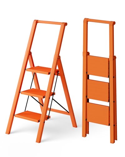 HillhutApex 3 Step Foldable Aluminum Step Ladder with Handgrip, Anti-Slip Pedal, 330 lbs Capacity, Lightweight & Portable for Home, Kitchen, Office, Garage (Orange) - color: Orange, size: 3 Step With Handrail