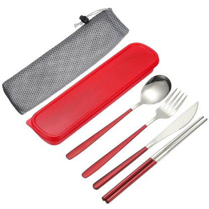 uxcell Travel Utensils with Case, Stainless Steel Portable Silverware, Red/Silver - color: Red/Silver