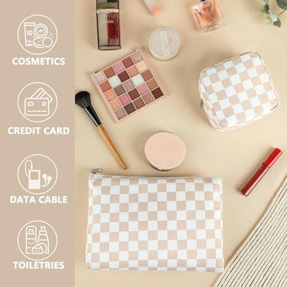 Fammart Checkered Makeup Bag, Travel Cosmetic Bag Organizer Toiletry Bag Make Up Bags with Zipper & Compartments for Women Girls - color: Checkered - Khaki
