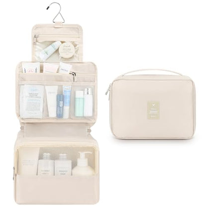 Mossio Hanging Toiletry Bag with Sturdy Hook - Large Portable Cosmetic Makeup Travel Organizer for Men & Women - color: Beige