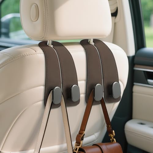 Car Seat Headrest Hooks - 2 Pack Universal Car Purse Hook, Leather Car Bag Purse Holder with Double Metal Hooks for Handbags, Grocery Bags, Bottles, Phones - color: Brown