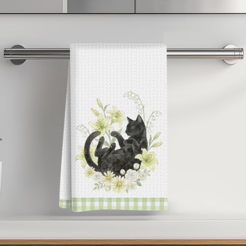 Cute Black cat Kitchen Towels 24x14 Inch, Reusable Dish Towels for Kitchen Bathroom Decor, Green Grid Gifts Waffle Soft Absorbent Hand Cloth Tea Towel, Cute Cat Gifts for Women Mom Friend01 - color: Lcs Multicolor 02901