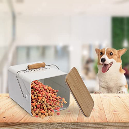 Morezi Dog Treat and Food Storage Tin with Wooden Lid and Scoop Included - White Powder - Carbon Steel - 5 lbs Capacity - Pet Food Container Storage Canister - color: White