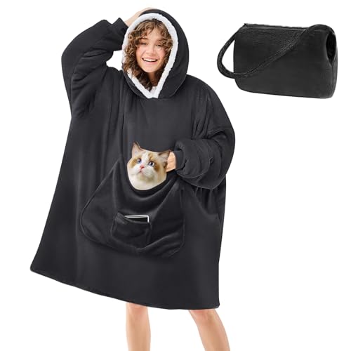 JOYWOO Black Foldable Wearable Blanket Hoodie,Oversized Cat Lovers Sweatshirt Blanket for Adult,Birthday Gifts for Men,Father,Boy,Cozy Fuzzy Sherpa Hooded Blanket with Giant Pocket and Winter Gifts - color: Midnight Black, size: Foldable