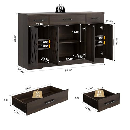 HOSTACK Buffet Cabinet with Drawers, 55" Large Sideboard Buffet Storage Cabinet with Shelves and Doors, Modern Farmhouse Coffee Bar Station Wood Kitchen Table for Kitchen, Dining Room, Dark Brown - color: Dark Brown